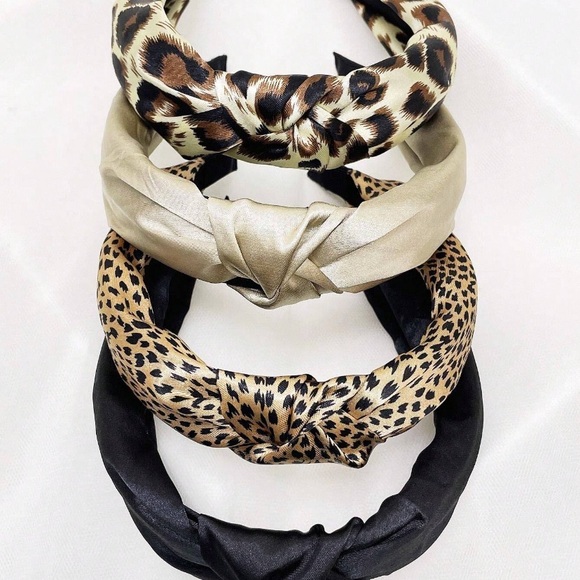 Trends 4pcs/Set Plain Color Leopard Print Cloth Wide Knot Headbands main image 4